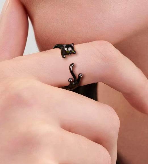 Sterling silver ring cute little black cat silver jewelry temperament open silver ring original design - MOWTE
