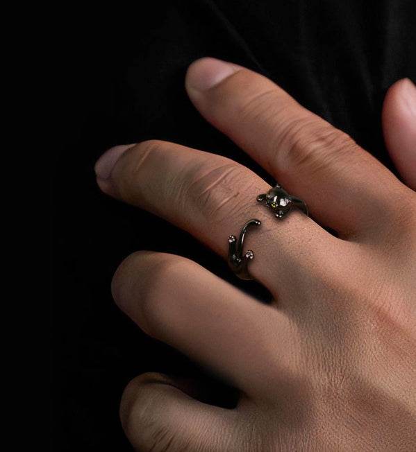 Sterling silver ring cute little black cat silver jewelry temperament open silver ring original design - MOWTE