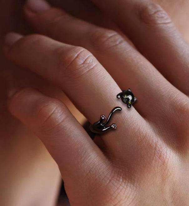 Sterling silver ring cute little black cat silver jewelry temperament open silver ring original design - MOWTE