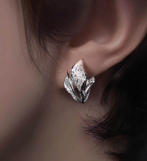 Sterling silver earrings three-leaf elegant silver jewelry original designer silver earrings - MOWTE