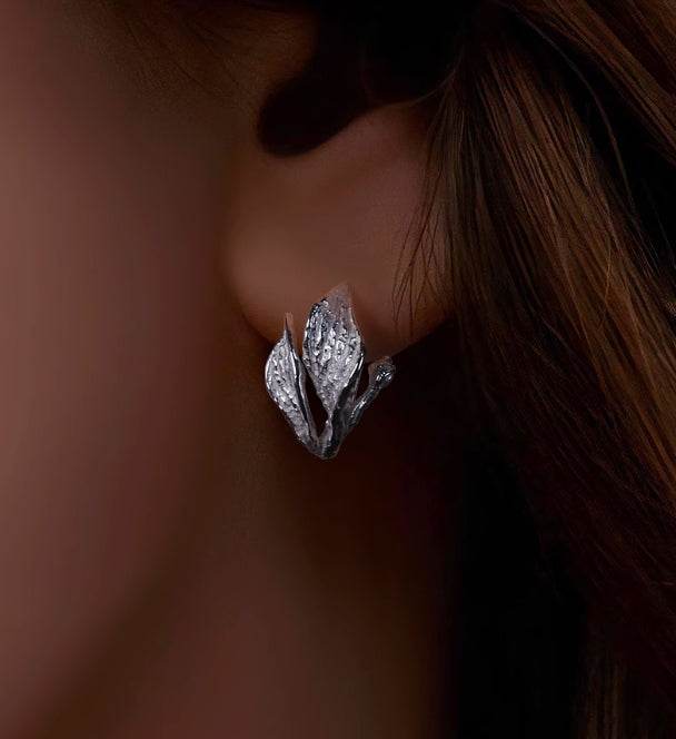 Sterling silver earrings three-leaf elegant silver jewelry original designer silver earrings - MOWTE