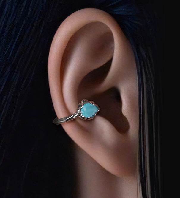 Ice blue water drop ear bone clip with cool feeling without piercing 925 sterling silver couple studs - MOWTE