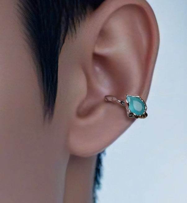 Ice blue water drop ear bone clip with cool feeling without piercing 925 sterling silver couple studs - MOWTE