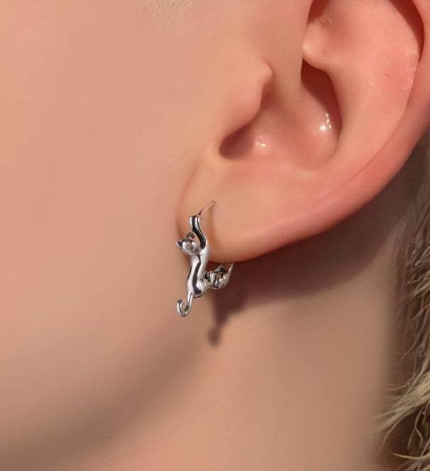 Sterling Silver Earrings Play Cat Silver Earrings Couple Personalized Accessories - MOWTE