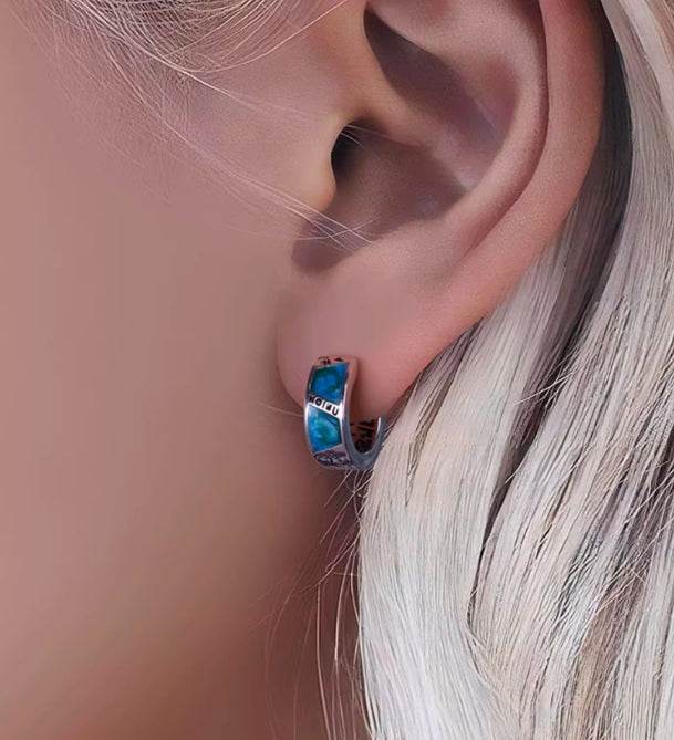 Sterling silver earrings blue glaze hip-hop handsome street graffiti silver earrings couple cool jewelry - MOWTE