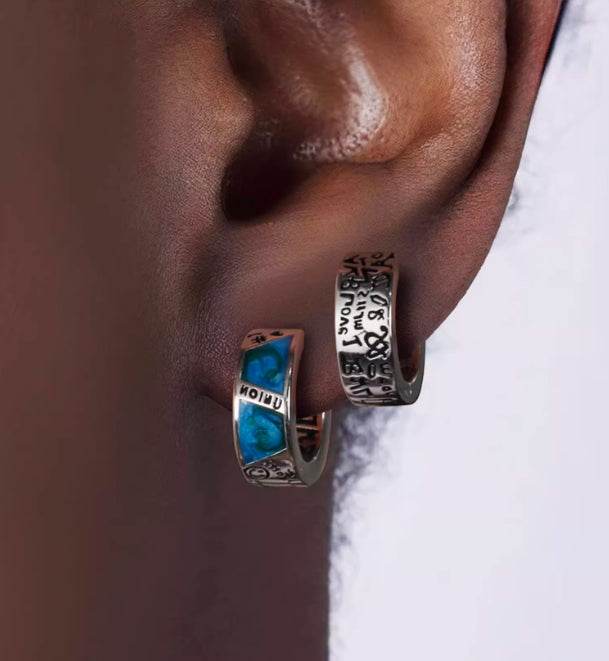 Sterling silver earrings blue glaze hip-hop handsome street graffiti silver earrings couple cool jewelry - MOWTE