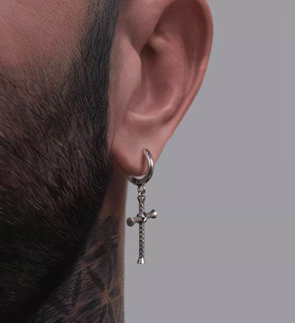 Sterling silver earrings personalized Moji cross silver ornaments handsome hip-hop street earrings - MOWTE