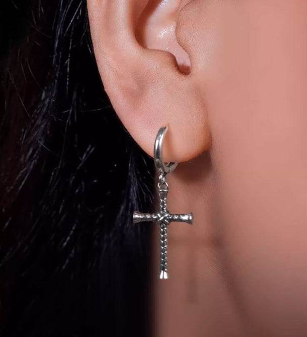Sterling silver earrings personalized Moji cross silver ornaments handsome hip-hop street earrings - MOWTE