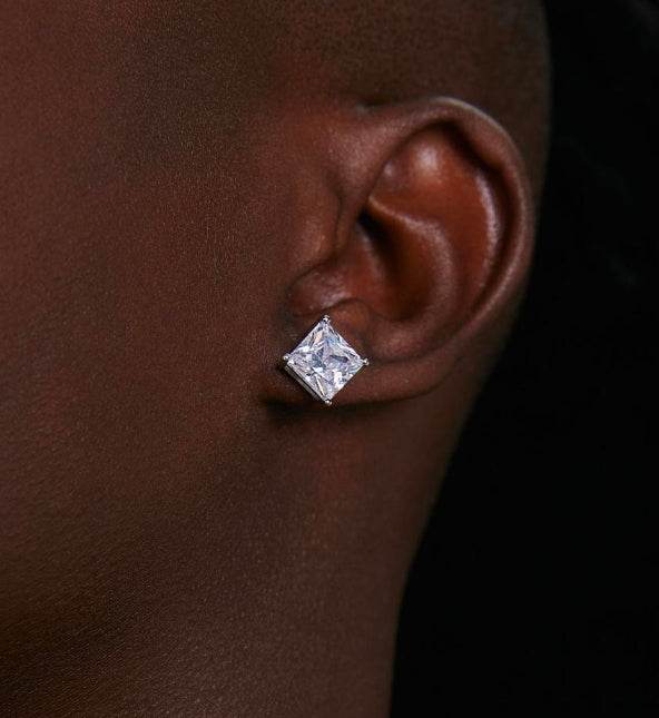 Diamond studs sterling silver square hip hop four prong zircon super flash earrings - MOWTE