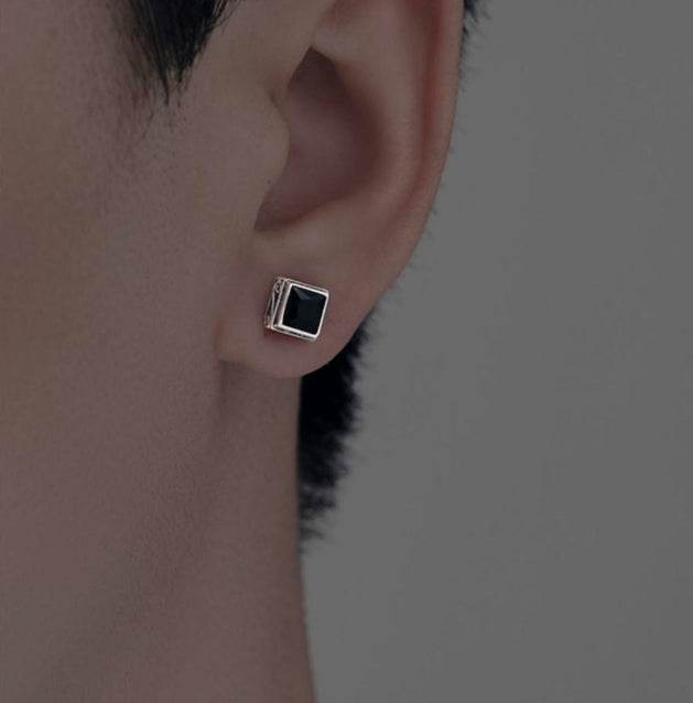 Sterling silver studs square black zirconia unique high-end simple style handsome earrings - MOWTE