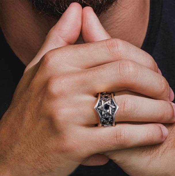 Men's domineering 925 sterling silver ring six-pointed star silver hip-hop index finger ring - MOWTE