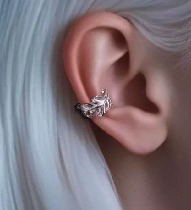 Pure silver ear clip temperament feather non-pierced ear bone clip for men and women couples silver jewelry - MOWTE