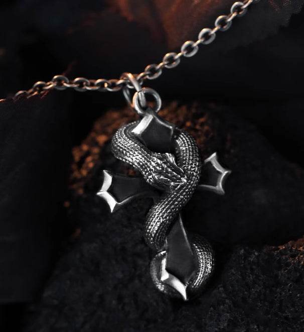 Men's Snake Cross Necklace Sterling Silver Pendant - MOWTE