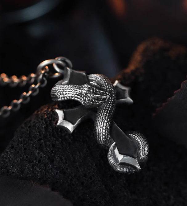 Men's Snake Cross Necklace Sterling Silver Pendant - MOWTE