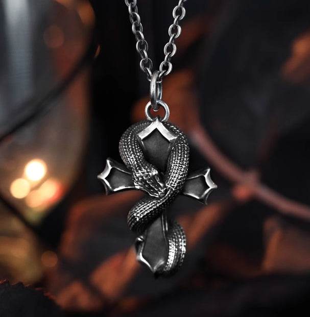 Men's Snake Cross Necklace Sterling Silver Pendant - MOWTE
