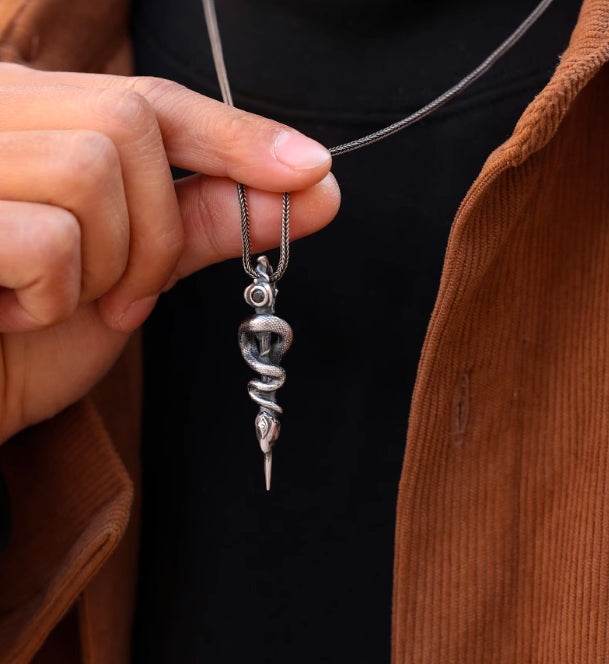Snake staff necklace men's sterling silver pendant - MOWTE