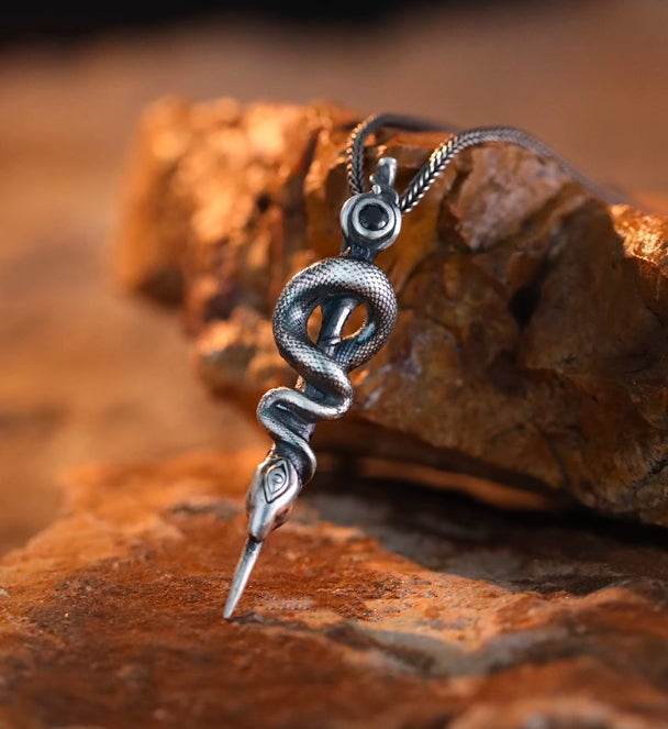Snake staff necklace men's sterling silver pendant - MOWTE