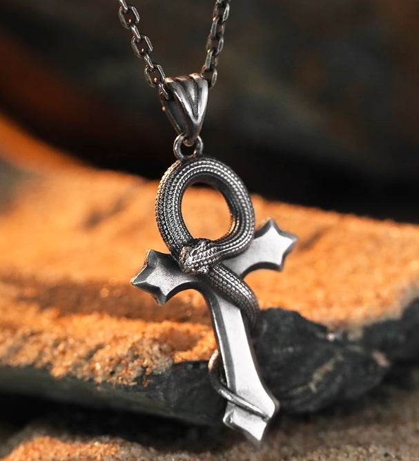 Men's sterling silver design snake cross pendant - MOWTE