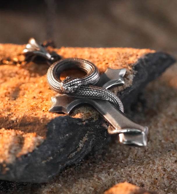 Men's sterling silver design snake cross pendant - MOWTE