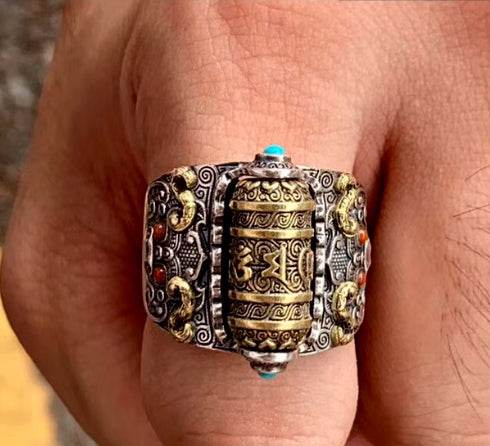 Taotie pattern sterling silver ring men's retro rotatable adjustable index finger ring - MOWTE