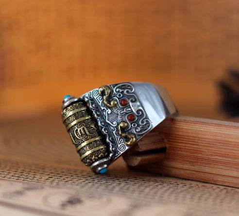 Taotie pattern sterling silver ring men's retro rotatable adjustable index finger ring - MOWTE