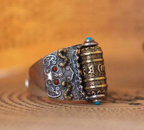 Taotie pattern sterling silver ring men's retro rotatable adjustable index finger ring - MOWTE