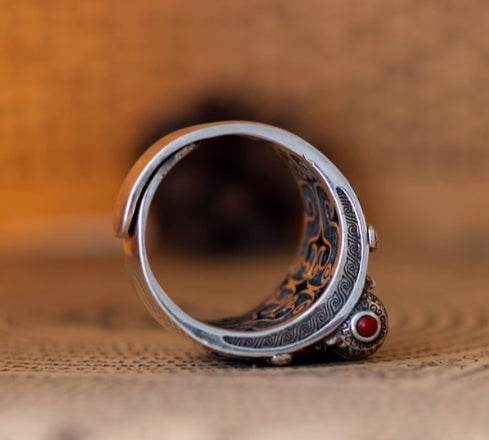 Taotie pattern sterling silver ring men's retro rotatable adjustable index finger ring - MOWTE