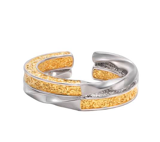 Gold and silver color-blocked S925 sterling silver ring men's hip-hop retro personalized design ring - MOWTE