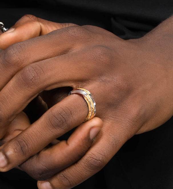 Gold and silver color-blocked S925 sterling silver ring men's hip-hop retro personalized design ring - MOWTE