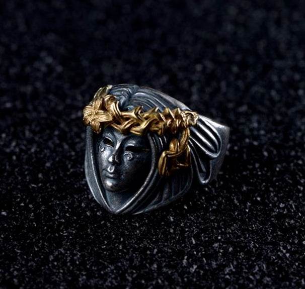 Pure silver goddess of luck handmade silver ring men's creative personality domineering retro ring - MOWTE