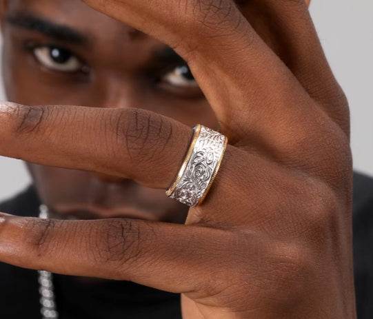 S925 sterling silver ring men's hip-hop retro Tangcao pattern ring women's same style opening adjustable - MOWTE