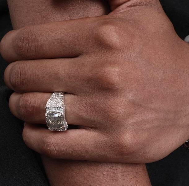 S925 sterling silver magma surface zircon ring high-end hip-hop male same model female simple opening adjustable - MOWTE