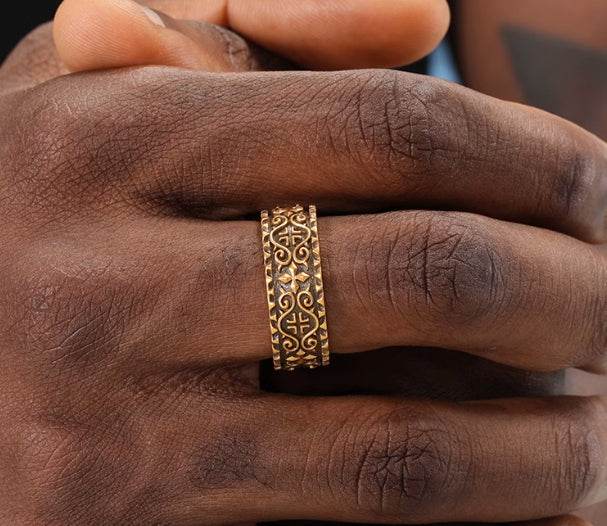 Colored retro pattern ring men's hip-hop trendy personality S925 sterling silver cross ring women's open ring - MOWTE