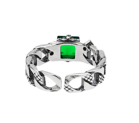 Trendy sterling silver Cuban chain greenstone ring men's hip-hop women's ring - MOWTE