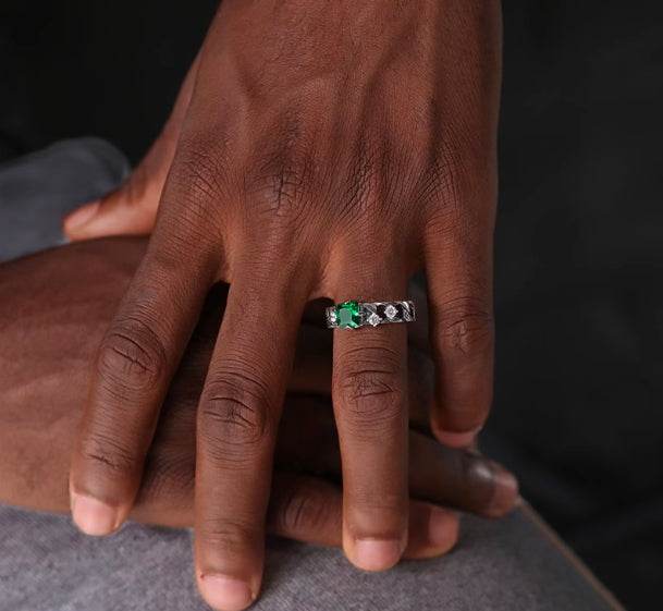 Trendy sterling silver Cuban chain greenstone ring men's hip-hop women's ring - MOWTE