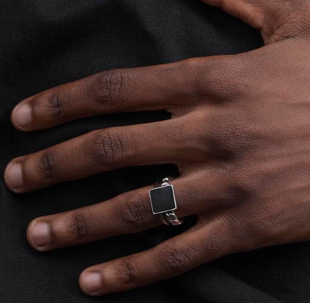 Enamel ring S925 sterling silver black agate ring men's hip-hop women's simple trend adjustable - MOWTE