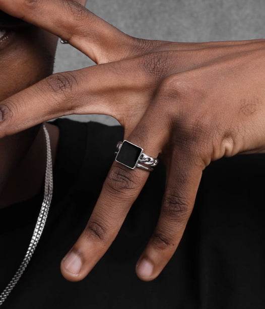 Enamel ring S925 sterling silver black agate ring men's hip-hop women's simple trend adjustable - MOWTE