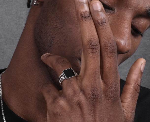 Enamel ring S925 sterling silver black agate ring men's hip-hop women's simple trend adjustable - MOWTE