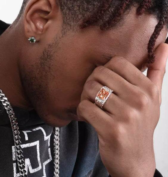 S925 sterling silver yellow zircon magma face ring men's trendy high-end hip-hop personalized ring adjustable - MOWTE