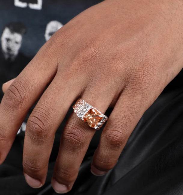 S925 sterling silver yellow zircon magma face ring men's trendy high-end hip-hop personalized ring adjustable - MOWTE