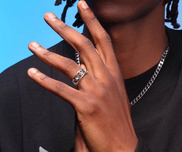 S925 sterling silver hollow five-pointed star ring men's hip-hop retro personality open ring trendy - MOWTE