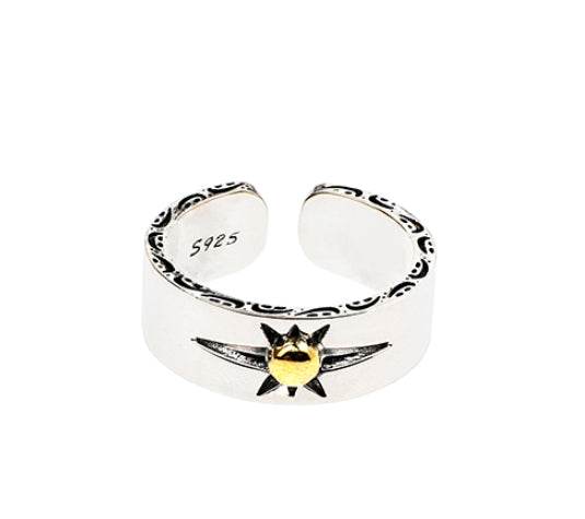 S925 sterling silver retro pattern sun ring for men and women hip-hop simple trendy brand adjustable opening silver jewelry - MOWTE