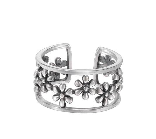 Hollow flower S925 sterling silver ring men's and women's hip-hop trendy open adjustable ring - MOWTE
