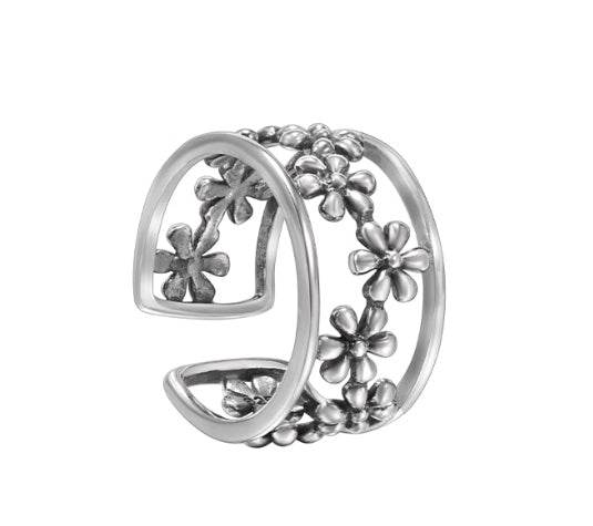 Hollow flower S925 sterling silver ring men's and women's hip-hop trendy open adjustable ring - MOWTE
