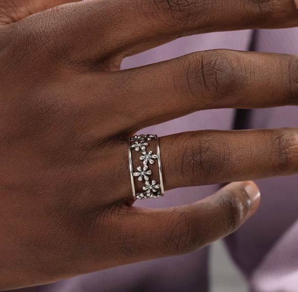 Hollow flower S925 sterling silver ring men's and women's hip-hop trendy open adjustable ring - MOWTE