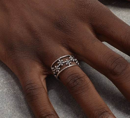 Hollow flower S925 sterling silver ring men's and women's hip-hop trendy open adjustable ring - MOWTE