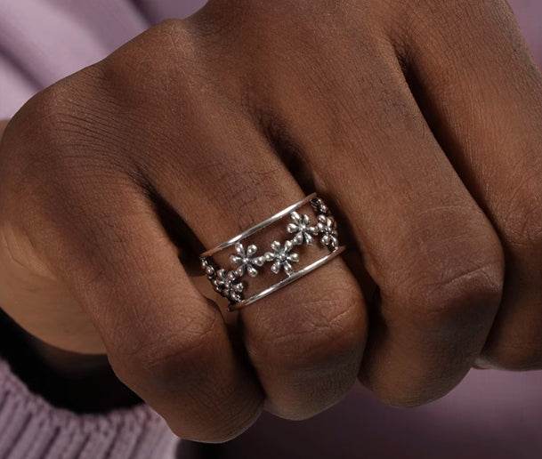 Hollow flower S925 sterling silver ring men's and women's hip-hop trendy open adjustable ring - MOWTE