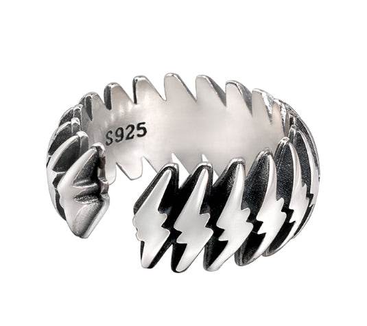 S925 sterling silver lightning ring men's hip-hop personality trendy silver ring women's open ring high-end sense - MOWTE