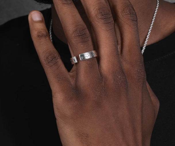 Sterling silver five-pointed star smiley ring hip-hop men and women cool trend opening adjustable - MOWTE