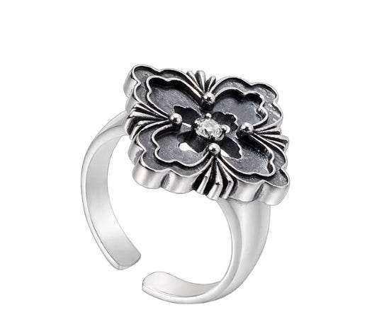 S925 sterling silver four-leaf clover ring men's hip-hop design pattern ring women's opening adjustable - MOWTE